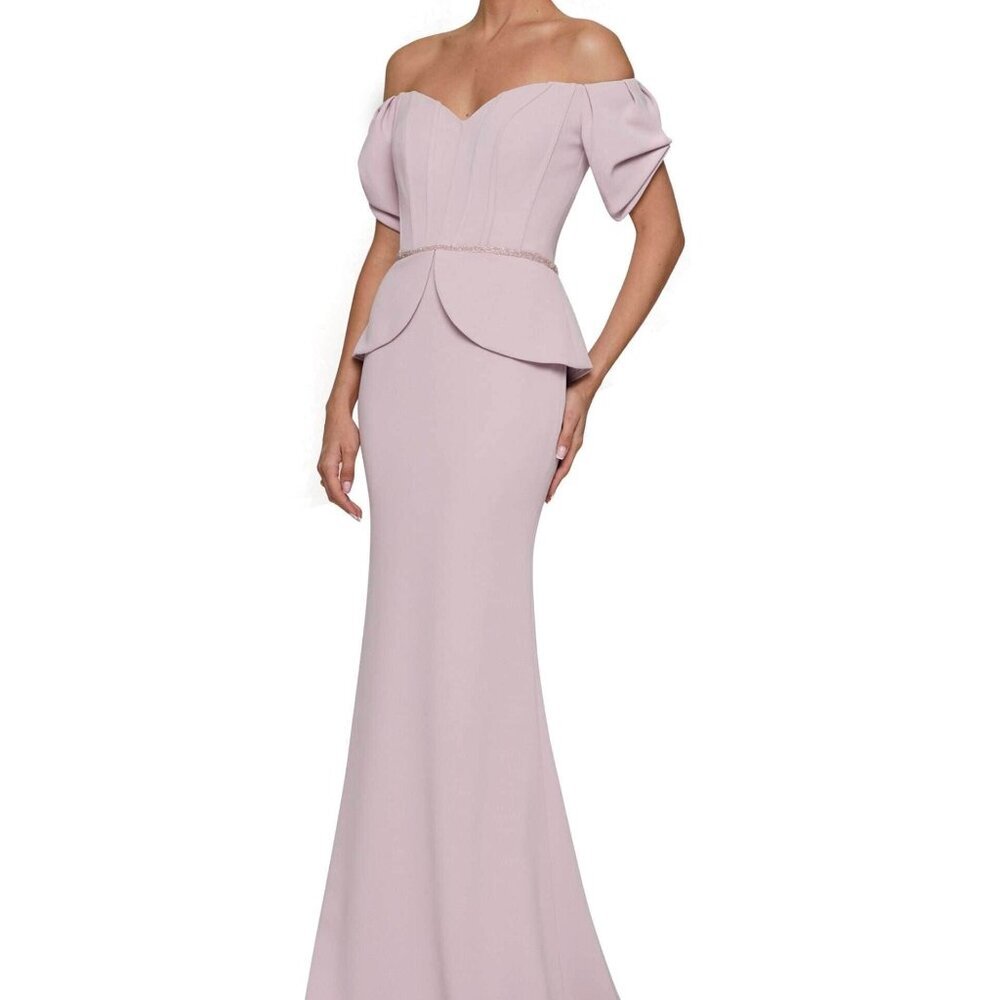 Rina diMontella Off-Shoulder Peplum Gown in Dusty Pink